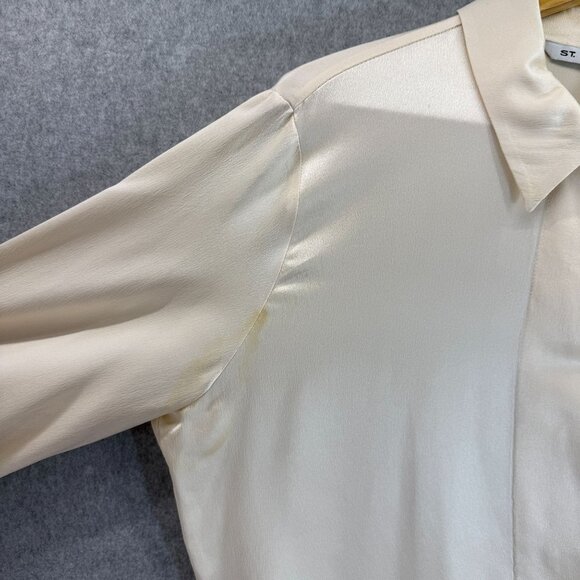 St. John Ivory Silk Button-Up Blouse Size 14 Long Sleeves Gold Buttons FLAWED - Picture 16 of 16